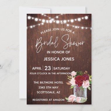 Bridal Shower Wood Burgundy Blush Pink Mason Jar Invitations