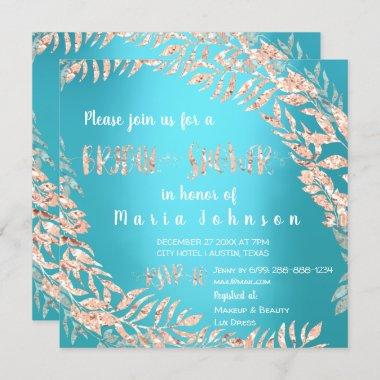 Bridal Shower Wreath Glitter Rose Gold Blue Ocean Invitations