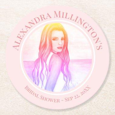 Bridal Showers Blonde Hair Girl on the Beach Class Round Paper Coaster