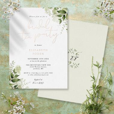 Bridal Tea Party Elegant Script Greenery Monogram Foil Invitations