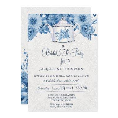 Bridal Tea Party Navy Blue White Floral Teapot Art Invitations