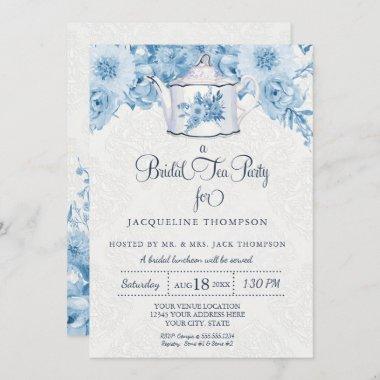 Bridal Tea Party Watercolor Navy Blue White Floral Invitations