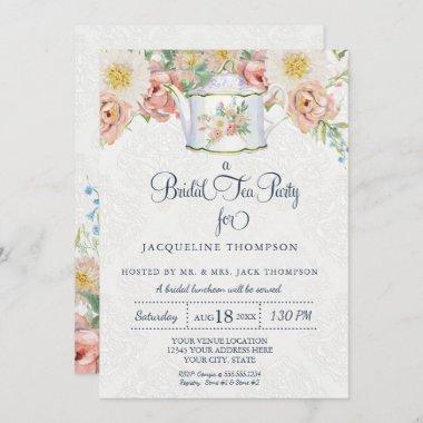 Bridal Tea Party Watercolor Pink n White Floral Invitations