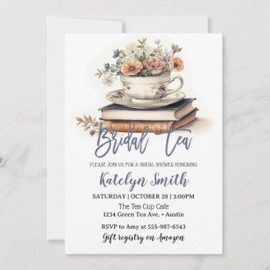 Bridal Tea Shower Dusty Blue Tea Cup Floral Book Invitations