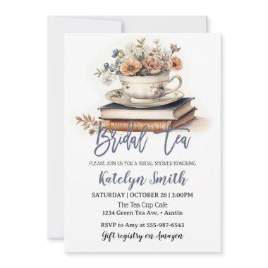 Bridal Tea Shower Dusty Blue Tea Cup Floral Book Invitations