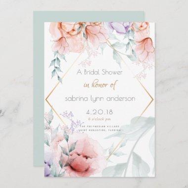 Bridal | Trendy Coral and Lilac Aquarelle Peonies Invitations