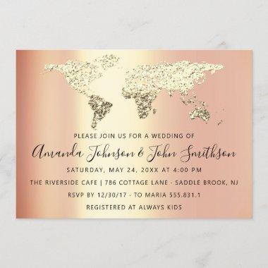 Bridal Wedding Gold Destination Map Globe Coral Invitations