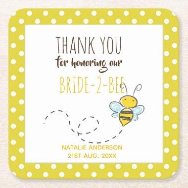 Bride 2 BEE Cute Yellow Polkadot Bridal Shower Square Paper Coaster