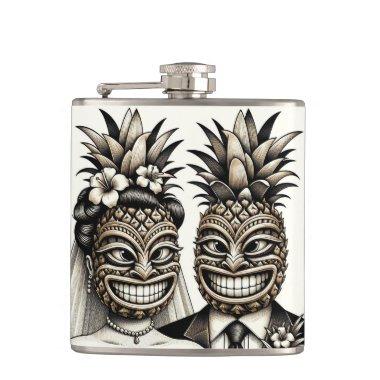 Bride and Groom Aloha Pineapple Tiki Head Wedding Flask