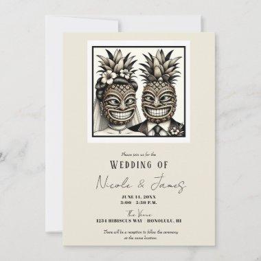 Bride and Groom Aloha Pineapple Tiki Head Wedding Invitations