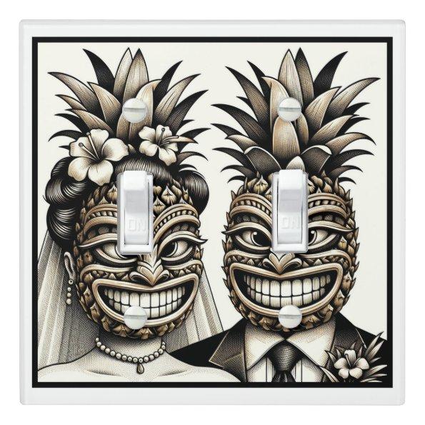 Bride and Groom Aloha Pineapple Tiki Head Wedding Light Switch Cover