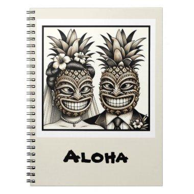 Bride and Groom Aloha Pineapple Tiki Head Wedding Notebook
