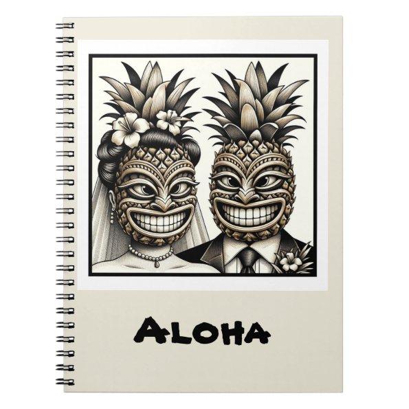Bride and Groom Aloha Pineapple Tiki Head Wedding Notebook