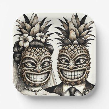 Bride and Groom Aloha Pineapple Tiki Head Wedding Paper Plates