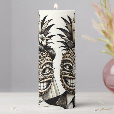 Bride and Groom Aloha Pineapple Tiki Head Wedding Pillar Candle