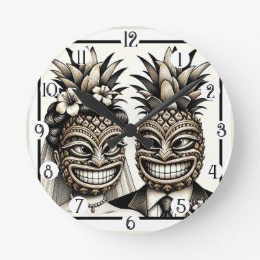 Bride and Groom Aloha Pineapple Tiki Head Wedding Round Clock