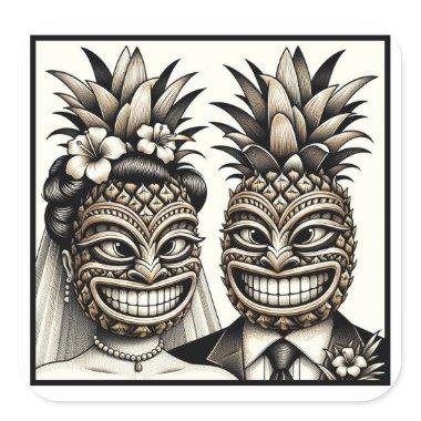 Bride and Groom Aloha Pineapple Tiki Head Wedding Square Sticker