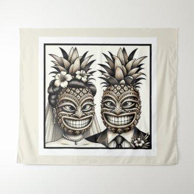 Bride and Groom Aloha Pineapple Tiki Head Wedding Tapestry