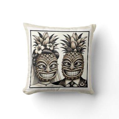 Bride and Groom Aloha Pineapple Tiki Head Wedding Throw Pillow