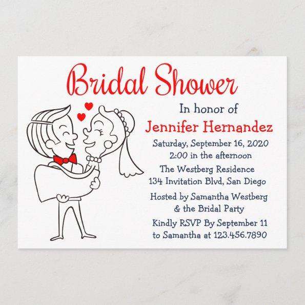 Bride And Groom Cartoon Red & White Bridal Shower Invitations