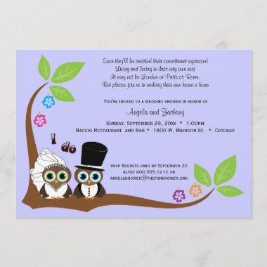 Bride And Groom Owls Lavender Background Shower Invitations