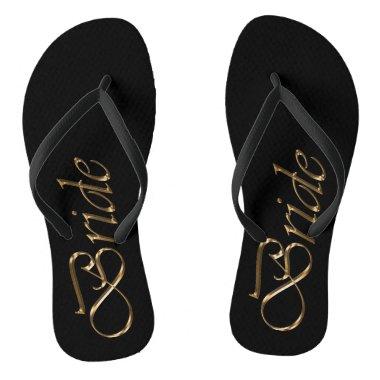 Bride black gold script elegant chic wedding flip flops