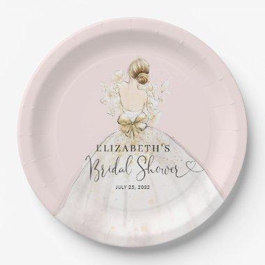 Bride Blonde Dress Pink Gold Floral Bridal Shower Paper Plates