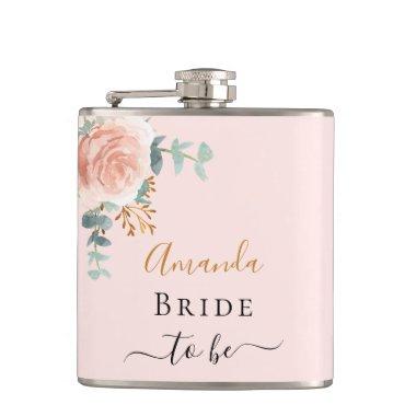 Bride blush rose floral eucalyptus bachelorette flask