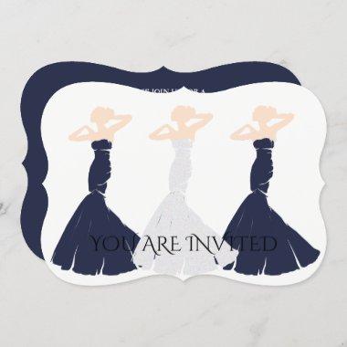 BRIDE & Bridesmaid Navy Blue Bridal Shower Party Invitations