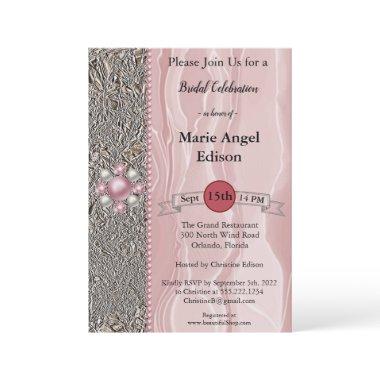 Bride Celebration Foil & Dusty Rose Silk, Pearls I Invitations