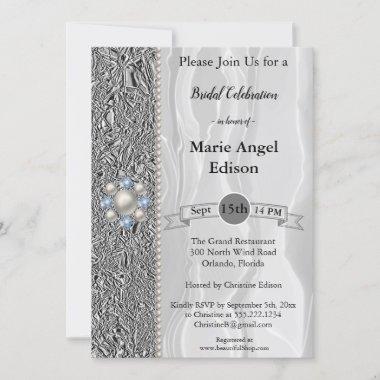 Bride Celebration Silver Foil, White Silk & Pearls Invitations