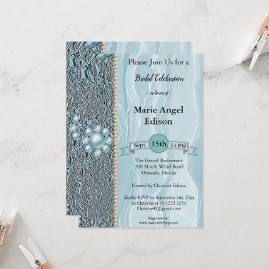 Bride Celebration Teal Blue Foil & Silk & Pearls I Invitations