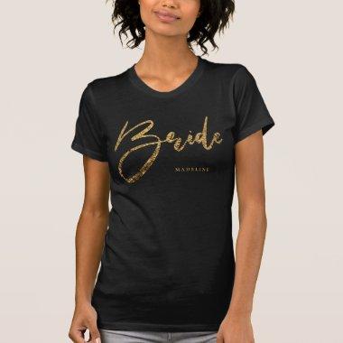 Bride Chic Gold Glitter Personalized Black T-Shirt