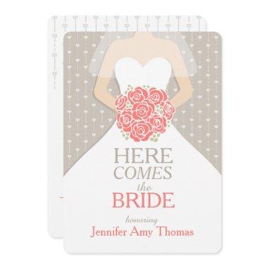 Bride coral bouquet graphic bridal shower invite