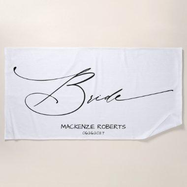 Bride | Custom Black Modern Script Beach Towel