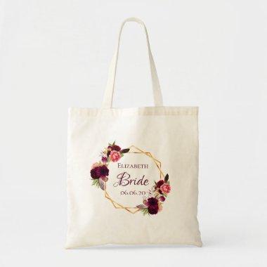 Bride floral gold geometric burgundy name tote bag