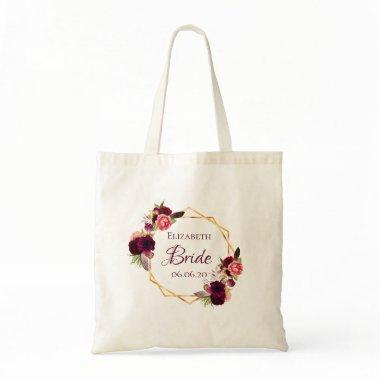 Bride floral gold geometric burgundy name tote bag