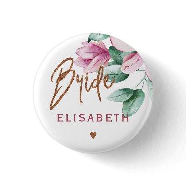 Bride floral pink copper typography  button
