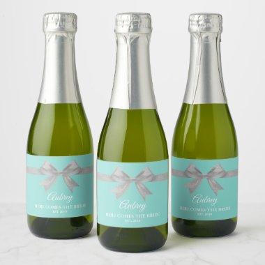 BRIDE Glam Touch Silver Teal Blue Tiara Party Mini Sparkling Wine Label