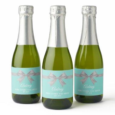 BRIDE Glam Touch Silver Teal Blue Tiara Party Mini Sparkling Wine Label