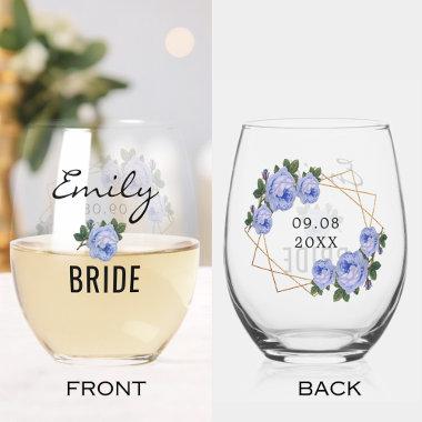 Bride Gold Glitter Geometric Blue Floral Wedding Stemless Wine Glass