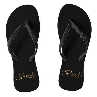 Bride, gold script elegant chic black wedding flip flops