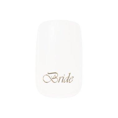 Bride, gold script elegant chic white wedding minx nail art