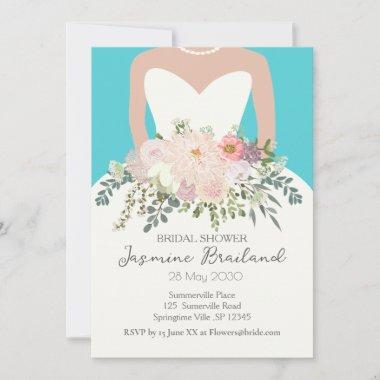 Bride Gown with Floral Bouquet Bridal Shower Invitations