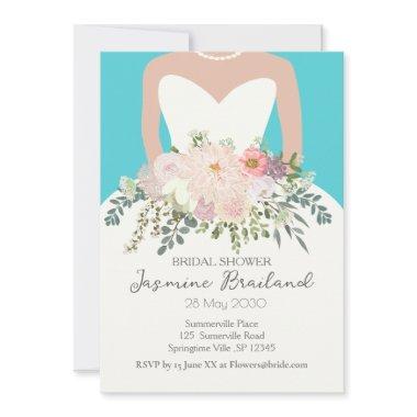 Bride Gown with Floral Bouquet Bridal Shower Invitations