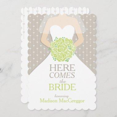Bride green bouquet graphic bridal shower invite
