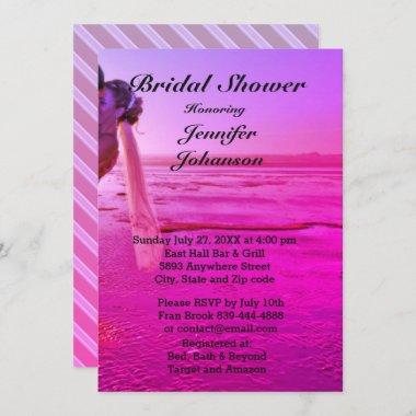 Bride & Groom Purple Sunset Beach Bridal Shower Invitations