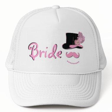 Bride hat with top hat, mustache, pearls, feather