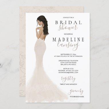 Bride in Champagne Lace Gown Bridal Shower Invitations