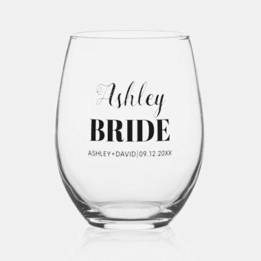 Bride name black typography wedding stemless wine glass